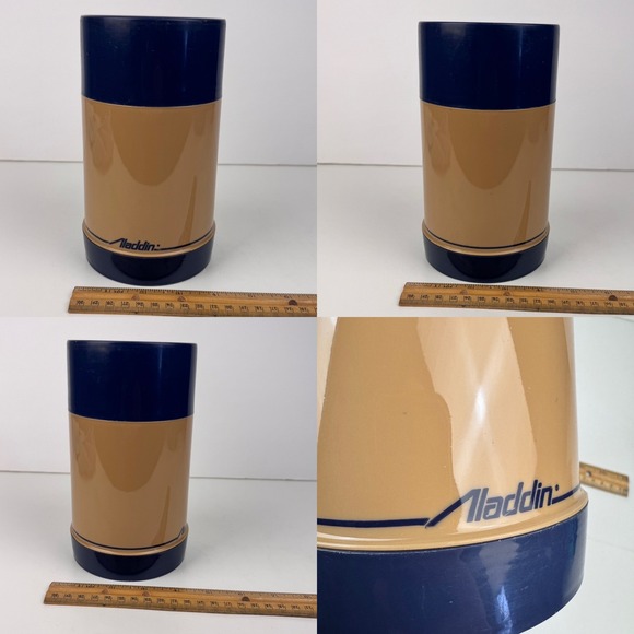 Vtg Aladdin Plastic Travel Thermos Tan Blue Pint Wide Mouth Decor Upcycle READ - Picture 4 of 11